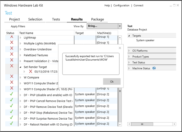 success dialog after exporting a test result