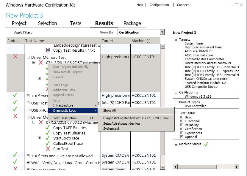 results tab showing diagnostic logs context menu option