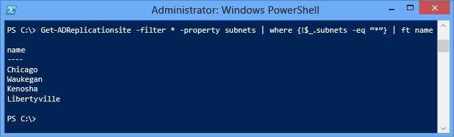 Screenshot that shows how to find all sites missing subnet assignments, in order to reconcile the list with the actual subnets of those locations.