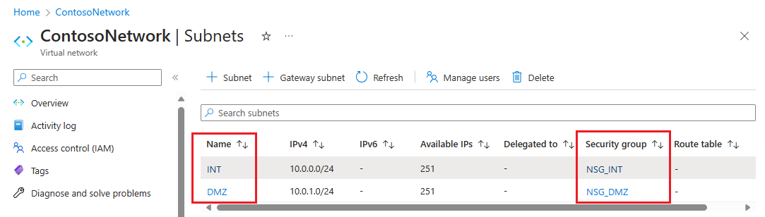 Screenshot showing the new subnets and their network security groups.