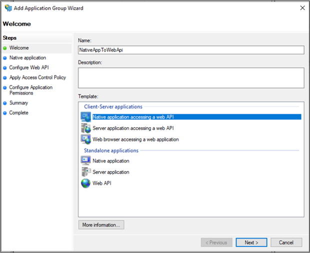Screenshot of the Welcome page of the Add Application Group Wizard showing the Native application accessing a Web API template highlighted.