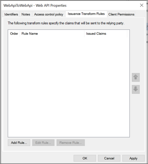 Screenshot of the WebApiToWebApi - Web A P I Properties dialog box showing the Issuance Transform Rules tab.