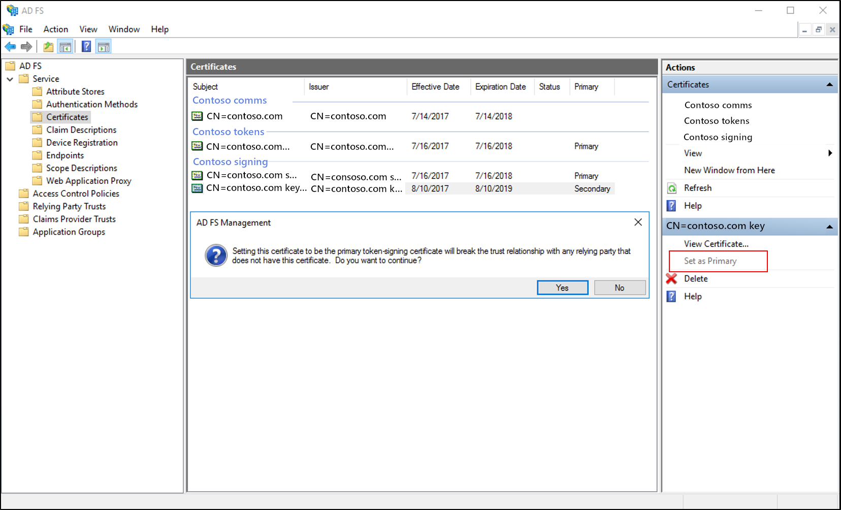 Screenshot of the AD FS dialog box, highlighting the Set as Primary option.