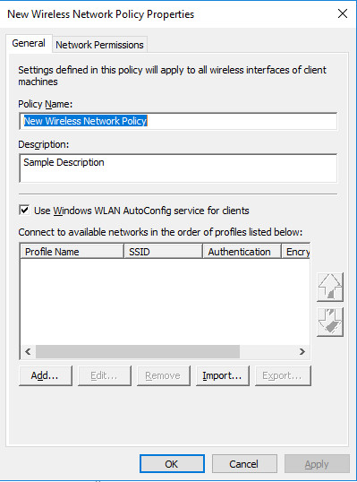 New Wireless Network Policy Properties