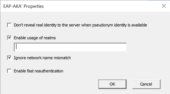 Screenshot showing the EAP-AKA' Properties dialog.