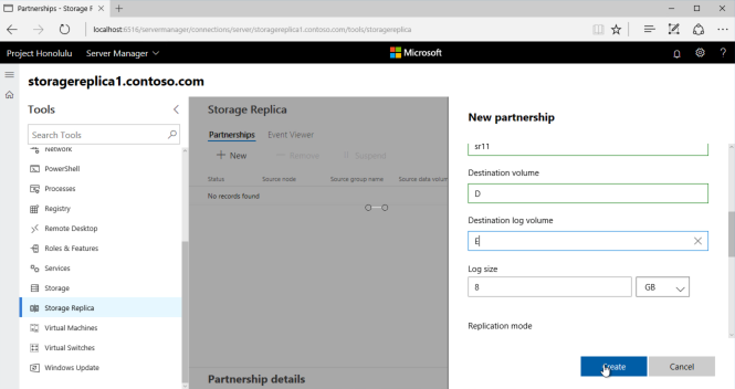 A screenshot of the storage replica new partnership screen in Windows Admin Center.