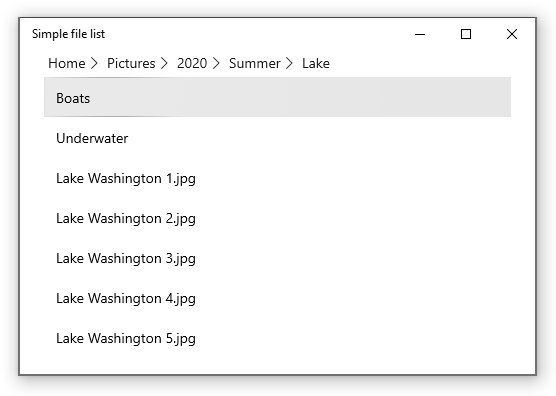 An image of a file list with a breadcrumb bar showing the path to the current folder