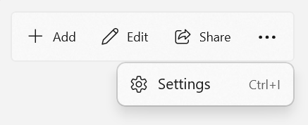 A command bar flyout with icons for add - plus sign, edit - pencil, share - page and arrow, and settings - gear