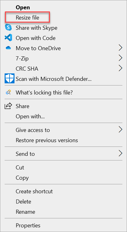 Screenshot of Resize file command in the shortcut menu