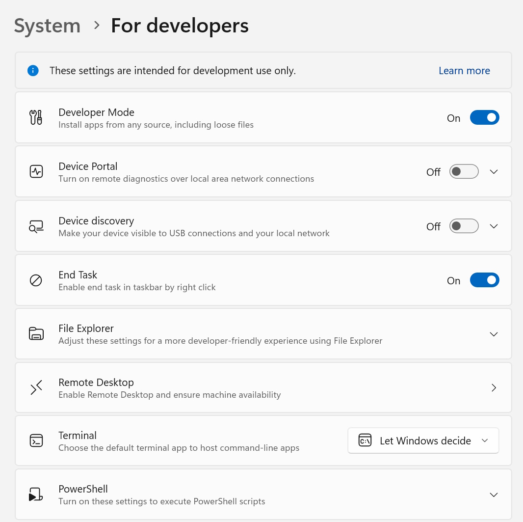 Windows developer settings