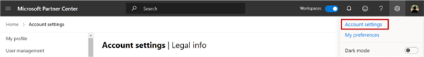 Screenshot showing Account settings option from the Gear menu of Microsoft Partner Center.