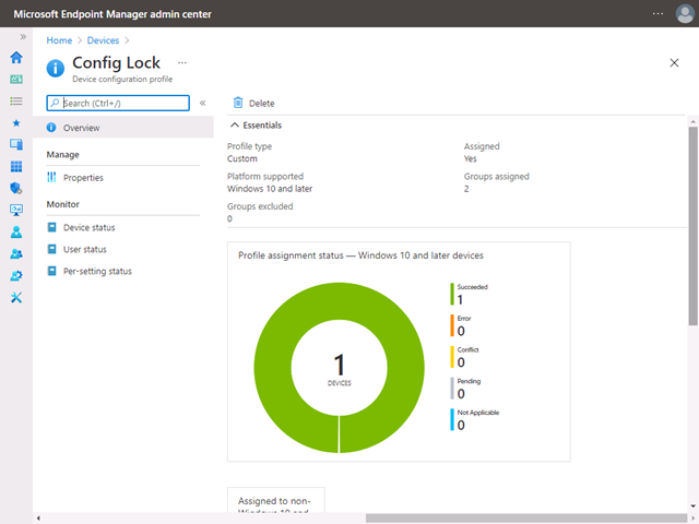 The Profile assignment status dashboard when viewing the config lock device configuration profile, showing one device has succeeded in having this profile applied.