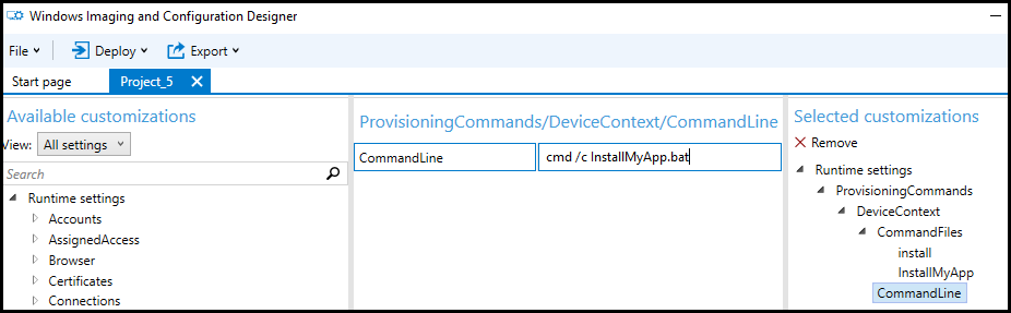 Command line in Selected customizations.