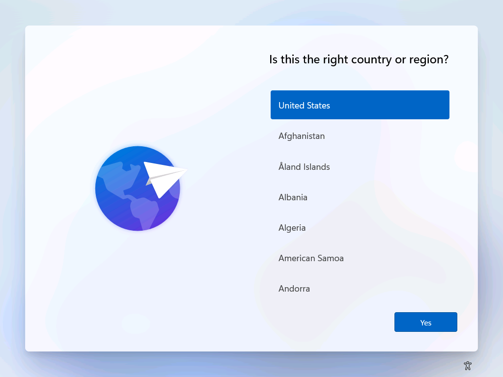 Screenshot that shows the region and country OOBE screen.