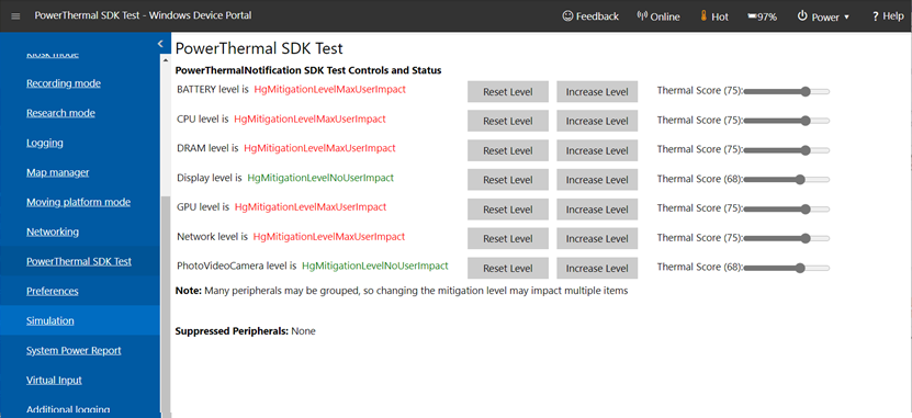 PowerThermalSDK-testpagina in de Windows-apparaatportal op Microsoft HoloLens