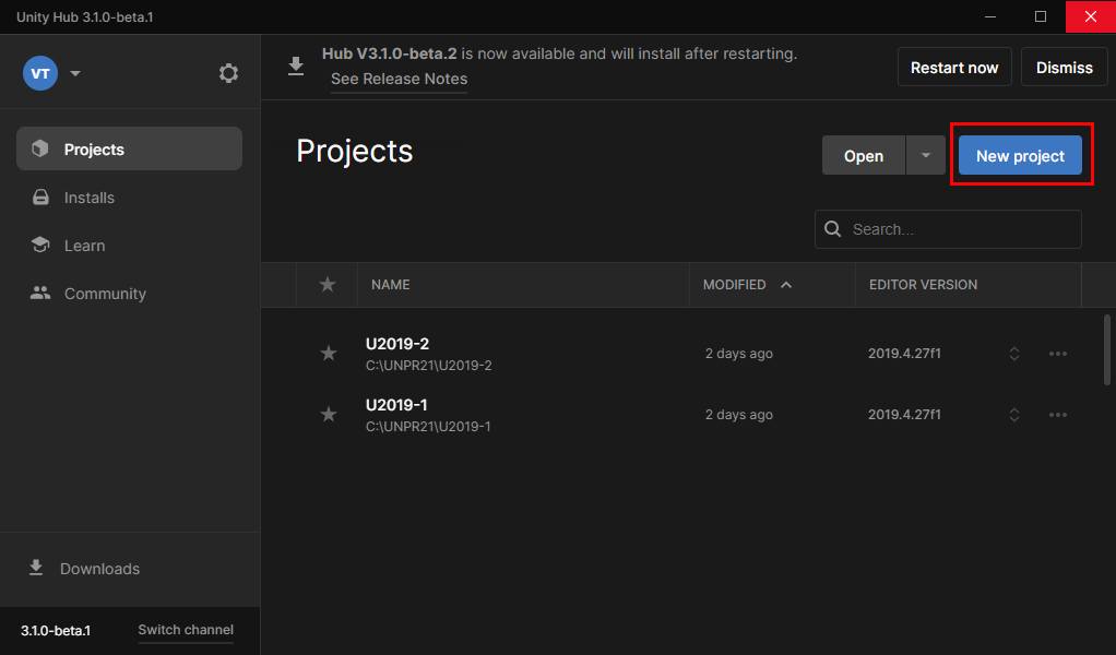 Schermopname van unity hub op het tabblad Projecten met de knop Nieuw project gemarkeerd.