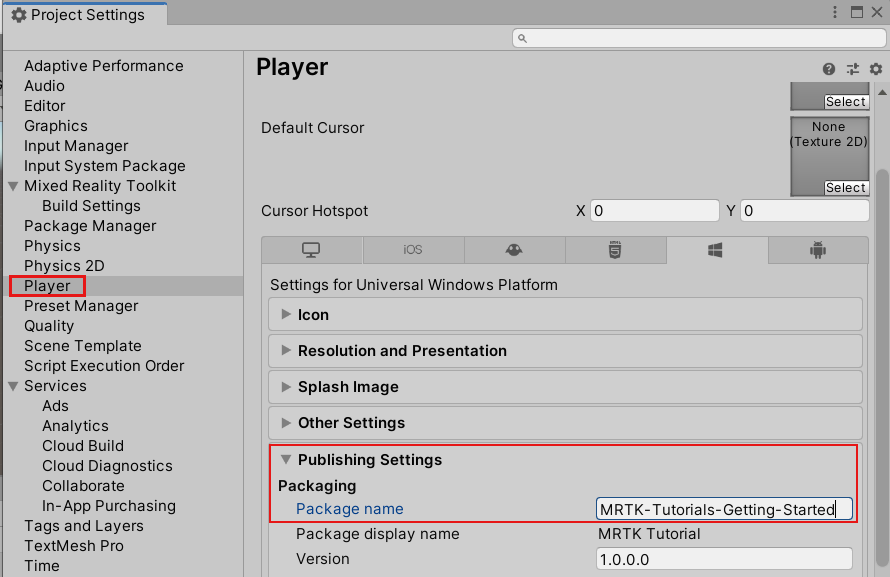 Schermopname van Unity Publishing Settings met het pakketnaamvak ingevuld.