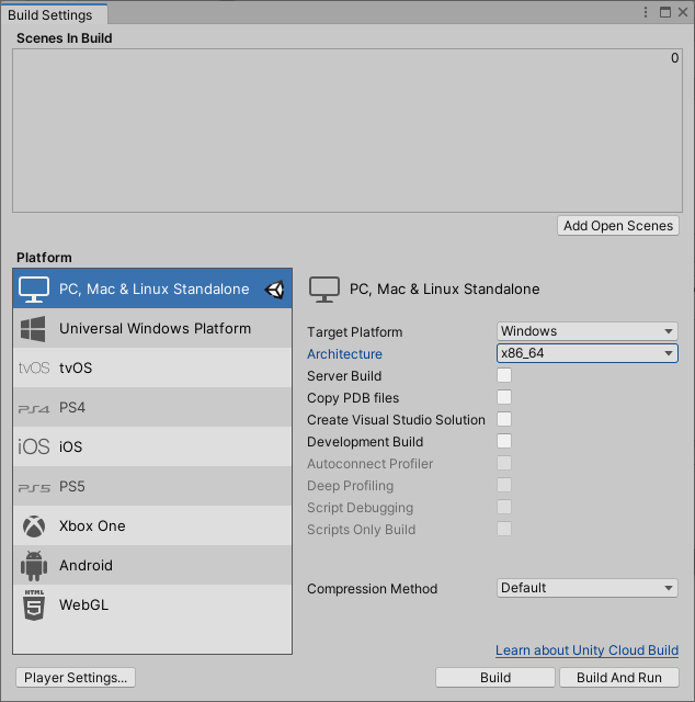 Schermopname van het venster Build Settings geopend in de Unity-editor met pc, Mac en zelfstandig platform gemarkeerd