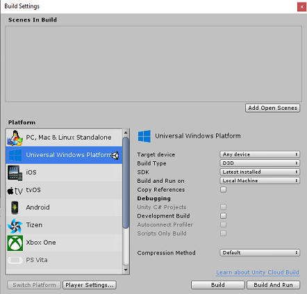 Schermopname van het venster Build Settings, met de selectielijst Platform. Universeel Windows-platform is geselecteerd.