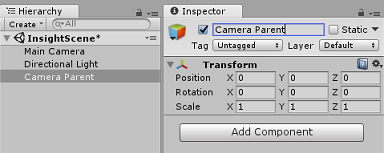 Schermopname van het deelvenster Hierarchy met Camera Parent geselecteerd. Het deelvenster Inspector 