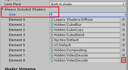 Schermopname met de matrix Always Included Shaders gemarkeerd.