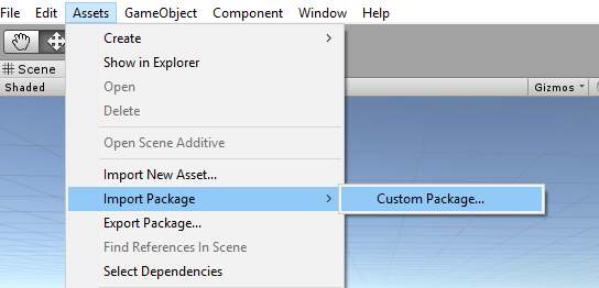 Schermopname van het Unity-dashboard met de gemarkeerde menu-items Import Package en Custom Package.