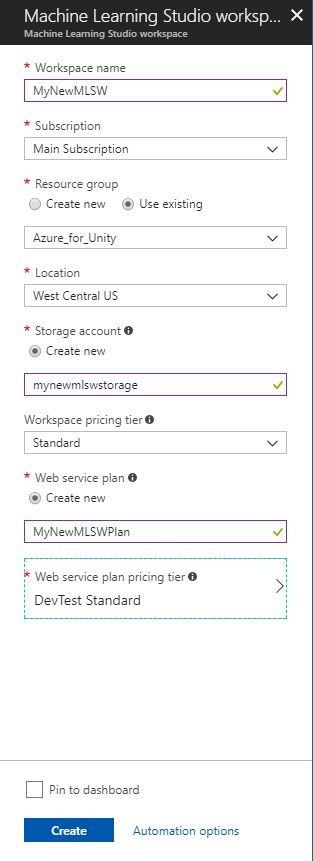 Schermopname van het dialoogvenster Azure Machine Learning Studio, waarin de gegevens worden weergegeven die de gebruiker heeft ingevoerd in de tekstvelden.