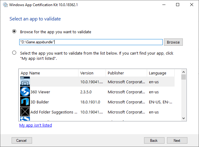 Schermopname van validatieselectie in windows app-certificeringskit