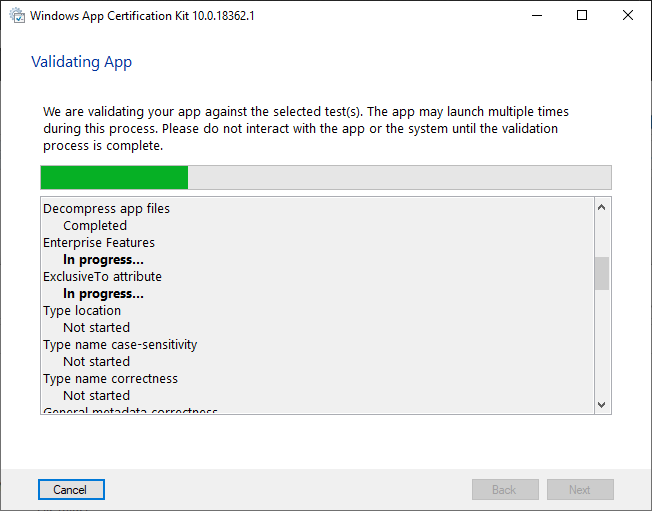 Schermopname van de voortgang van app-validatie in de Windows App Certification Kit