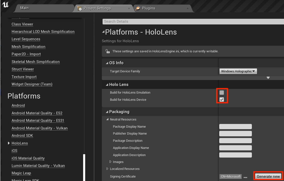 Projectinstellingen - Platforms - HoloLens