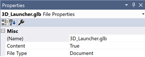 Selecteer het .glb in uw Solution Explorer en gebruik de sectie Eigenschappen om deze te markeren als 'Inhoud' in de build-instellingen