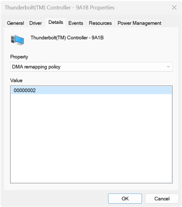 Screenshot of device details for a Thunderbolt controller showing a value of 2.