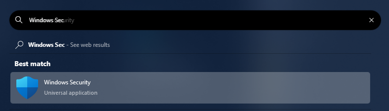 Screenshot of the Start menu showing the results of a search for the Windows Security, the first option with a large shield symbol is selected.