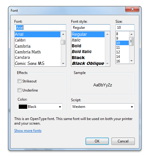 screen shot showing the font dialob box