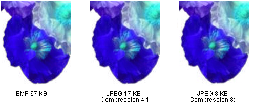 afbeelding met een bitmapafbeelding en twee jpeg-compressies van die afbeelding; de hoogste compressie meer variatie heeft van de oorspronkelijke