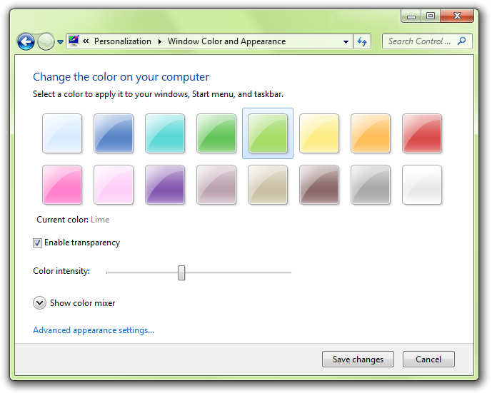 screen shot of change color settings dialog box 