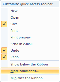 Screen shot of a QAT menu with the More commands... Command item.