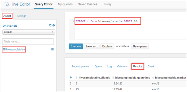 HDInsight hue portal hive query.