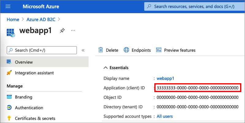 Screenshot of the web app Overview page for recording your web application ID.