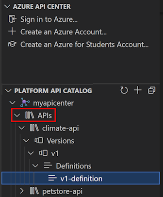 Zrzut ekranu przedstawiający wykaz interfejsów API platformy Centrum interfejsów API z interfejsami API w rozszerzeniu programu VS Code.