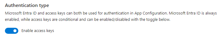 Zrzut ekranu przedstawiający sposób włączania uwierzytelniania klucza dostępu dla konfiguracji aplikacja systemu Azure.