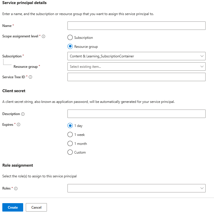 Zrzut ekranu przedstawiający ekran tworzenia jednostki usługi Azure Arc w witrynie Azure Portal.