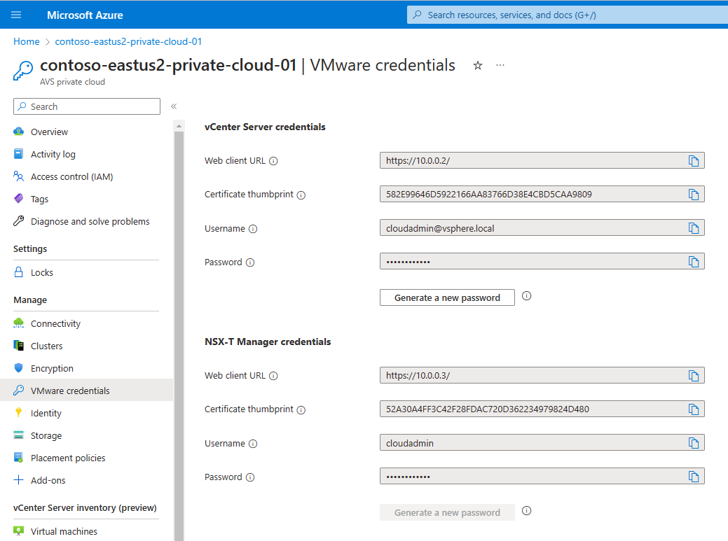 Zrzut ekranu przedstawiający adresy URL i poświadczenia menedżera NSX w chmurze prywatnej w witrynie Azure Portal.