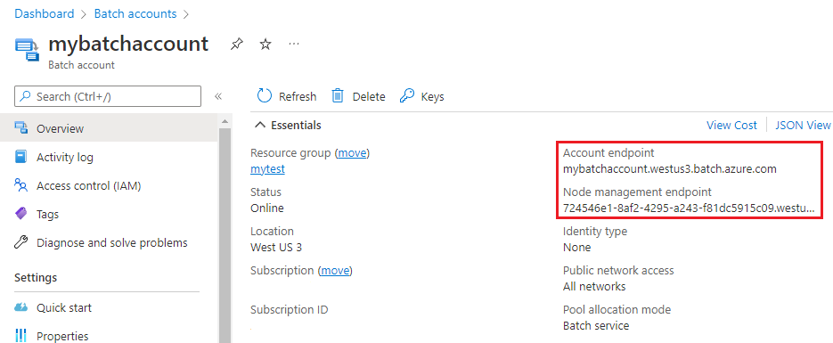 Zrzut ekranu przedstawiający punkty końcowe konta usługi Batch.