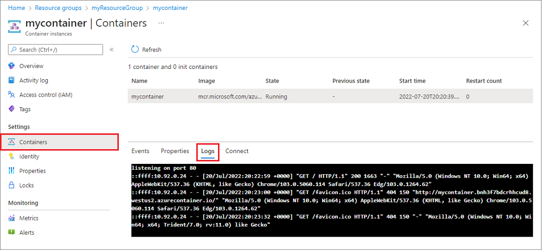 Dzienniki kontenera w witrynie Azure Portal