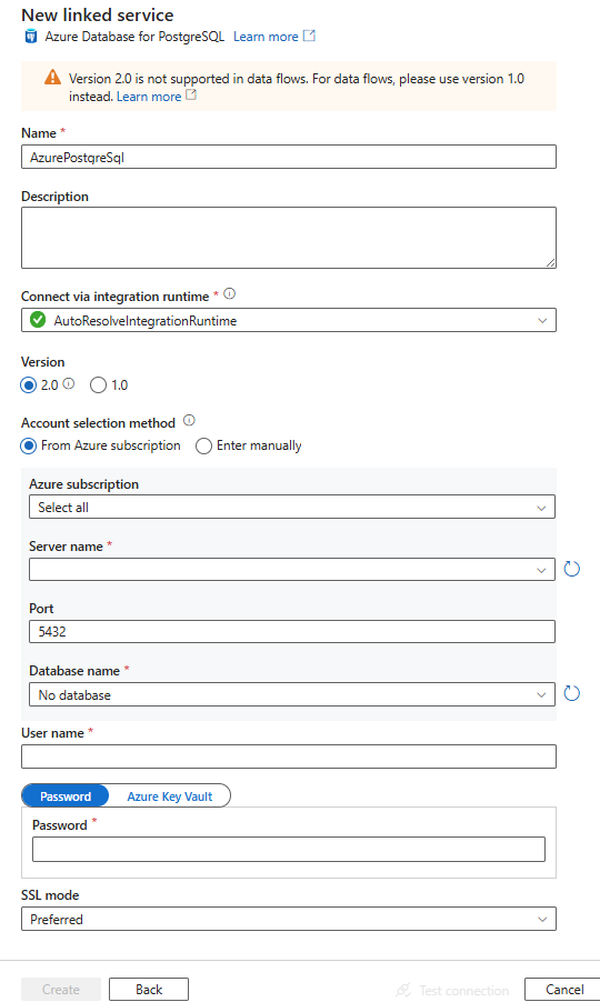 Konfigurowanie połączonej usługi z usługą Azure Database for PostgreSQL.