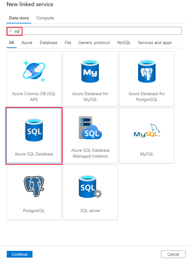 Wybierz pozycję Łącznik usługi Azure SQL Database.