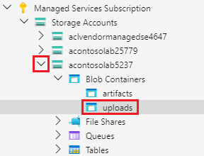 Zrzut ekranu przedstawiający rozwinięty węzeł Kontenery obiektów blob z katalogiem uploads.