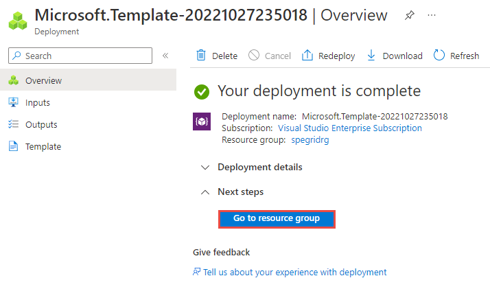 Zrzut ekranu przedstawiający stronę pomyślnego wdrożenia z linkiem umożliwiającym przejście do grupy zasobów.