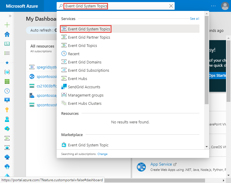 Wyszukaj i wybierz pozycję Tematy systemowe usługi Event Grid